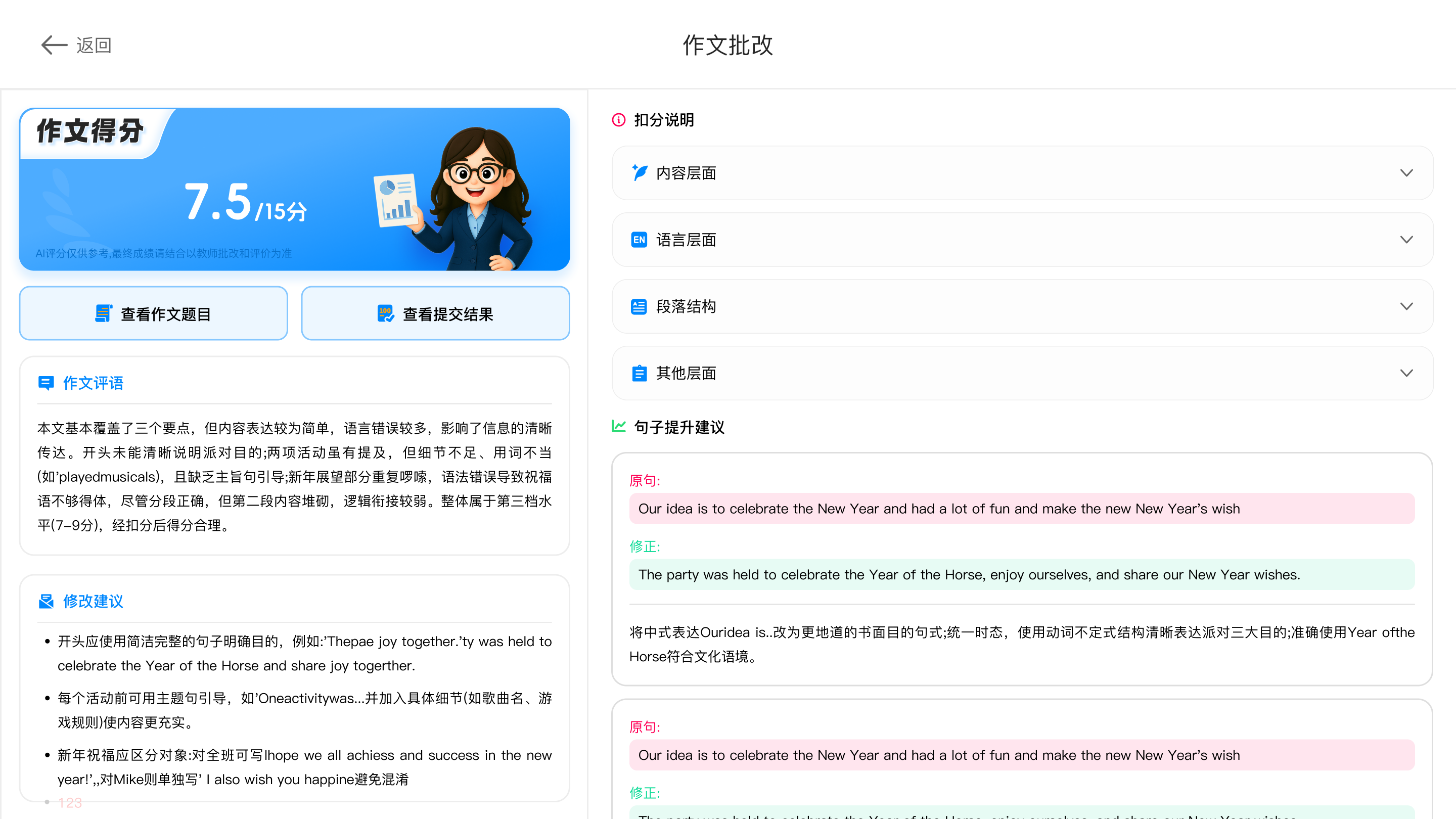 英语作文批改页，左侧为参考分数、作文评语和修改建议，右侧为扣分说明与句子提升建议