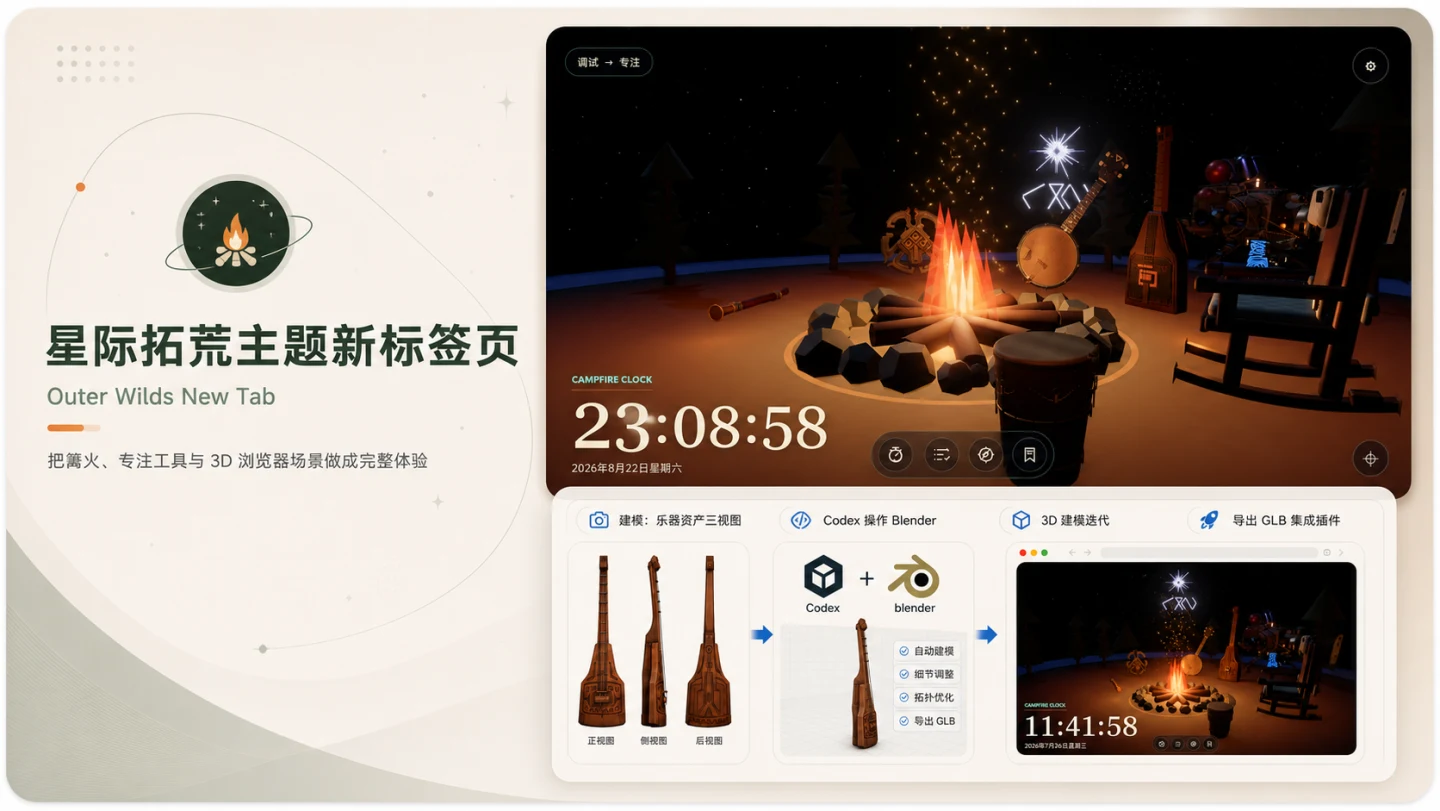 星际拓荒主题新标签页项目封面，展示篝火场景与 Blender 建模流程
