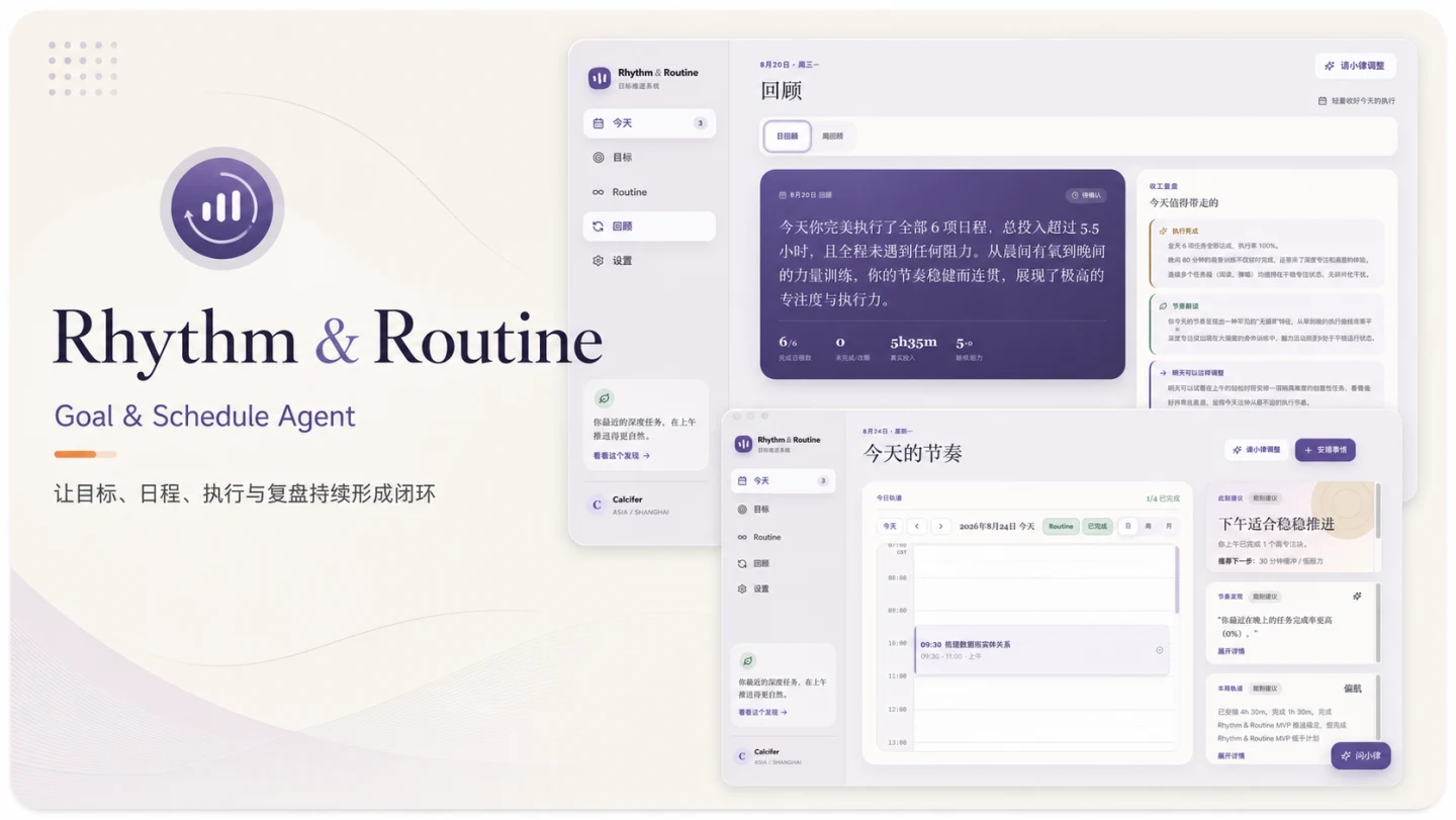 Rhythm & Routine 项目封面，展示今天日程与日回顾界面