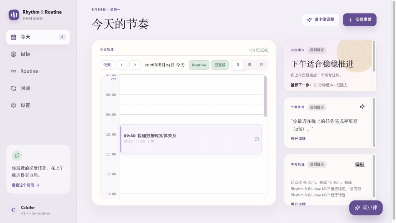 Rhythm & Routine 今天页面，包含日历、节奏建议和本周目标轨道